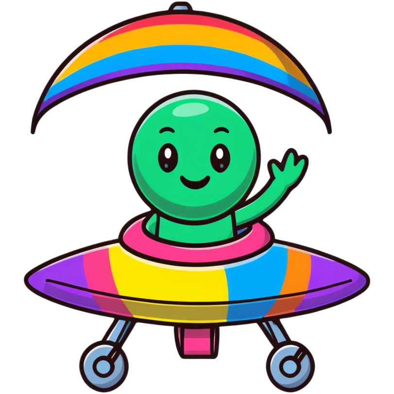 A cheerful rainbow crayon character waving while riding a silver UFO with glowing lights emoji