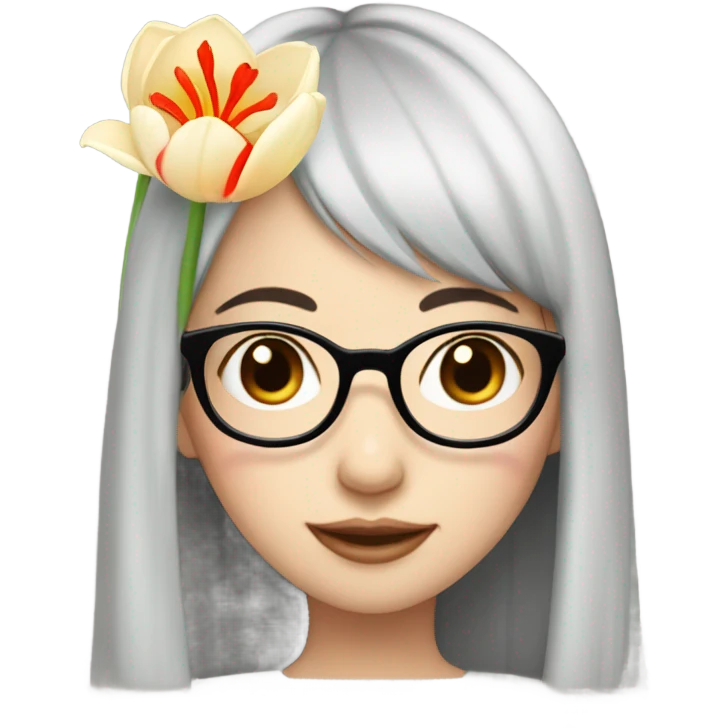 asian pale skin girl with long black hair and bangs and glasses holding tulips emoji