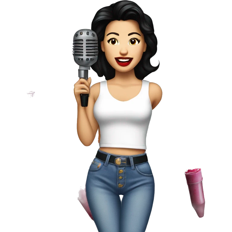 Selena Quintanilla singing into a lipstick-stained microphone dressed in a white top and 90s-style jeans emoji