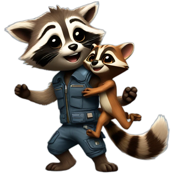 Rocket racoon dancing with baby groot emoji
