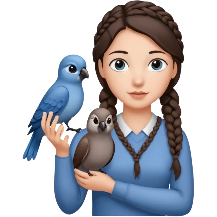 женщина с темно-коричневой косичкой набок и серо-голубыми глазами и светлой кожей держит на руке трех птиц коричневого и серого цвета emoji
