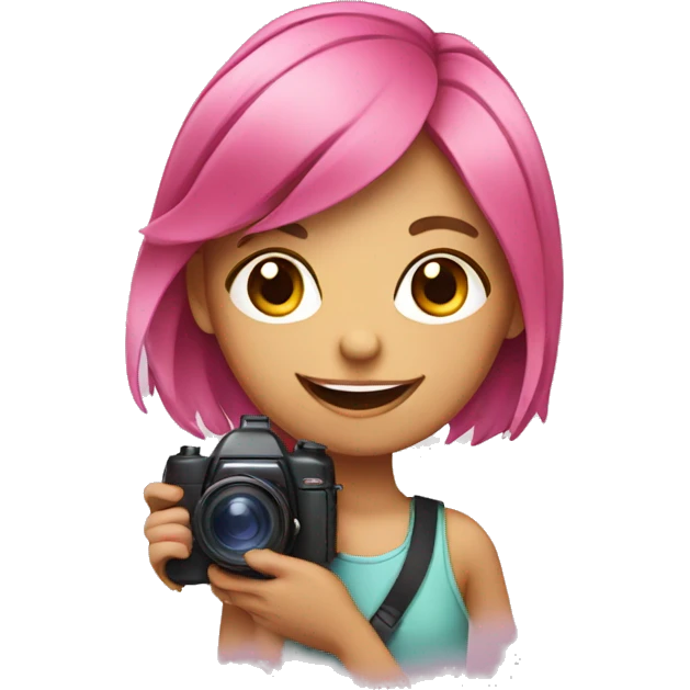 smiling girl with multicolored pink hair holding a camera emoji