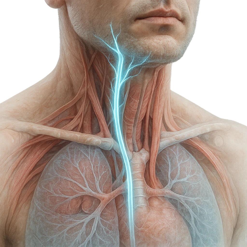 realistic close-up view of human neck and chest with highlighted vagus nerve, detailed anatomy, vagus nerve path clearly visible, ice effect with blue glow, transparency on internal organs, light background emoji
