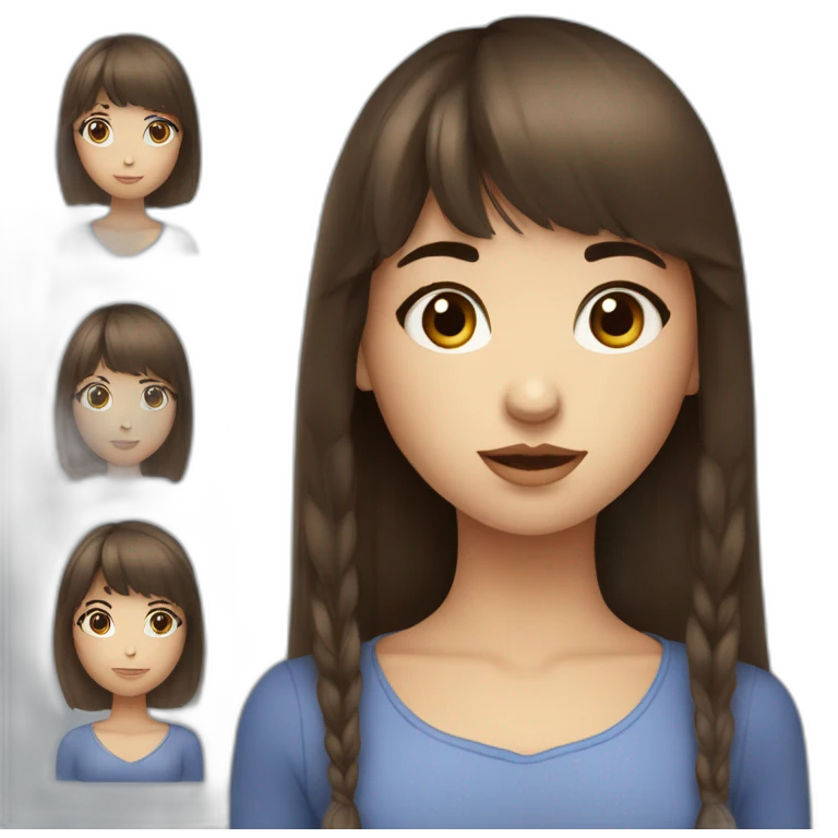 Fille aux yeux bleu brune avec une frange cheuveux long emoji