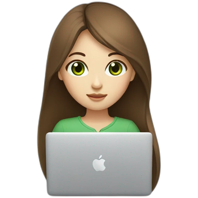 brown straight long Hair green eyes korean girl with macbook emoji