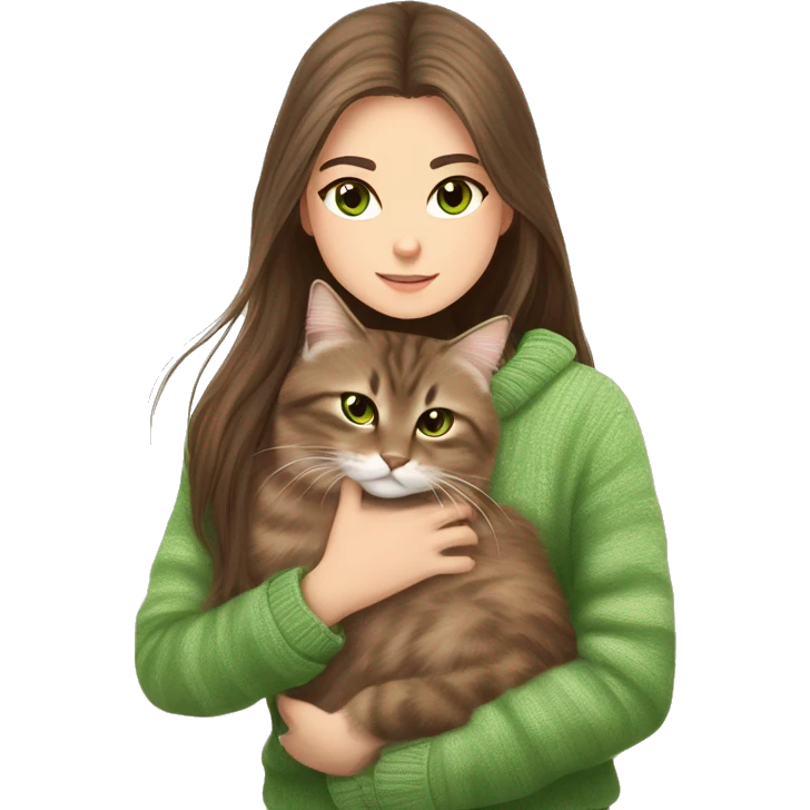 Siberian tappy cat with white paws and green eyes and white nose have a cozy time with a beautiful girl with long brown hair and brown eyes and she wearing a brown sweater  emoji