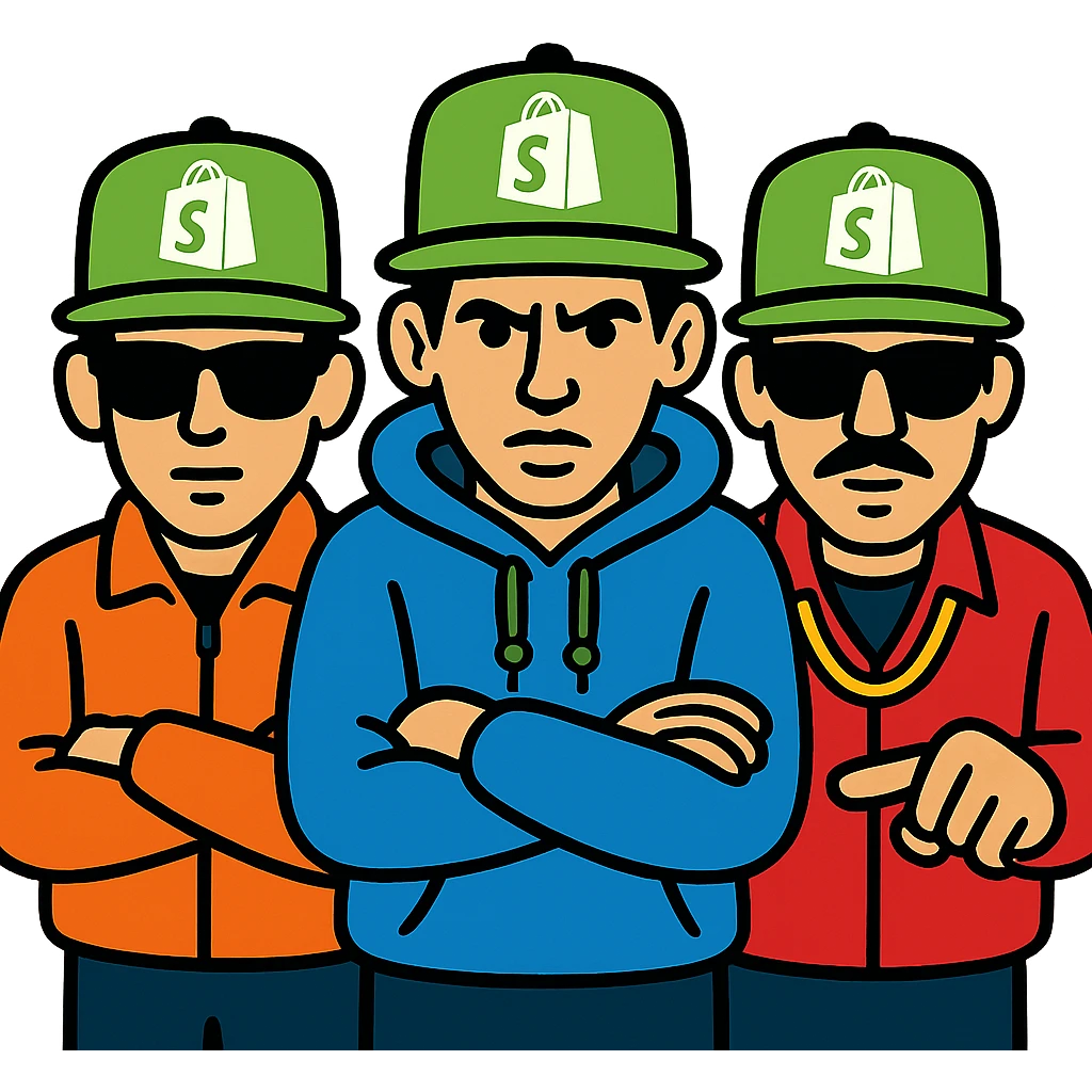 the Beastie Boys wearing hats with the Shopify logo emoji