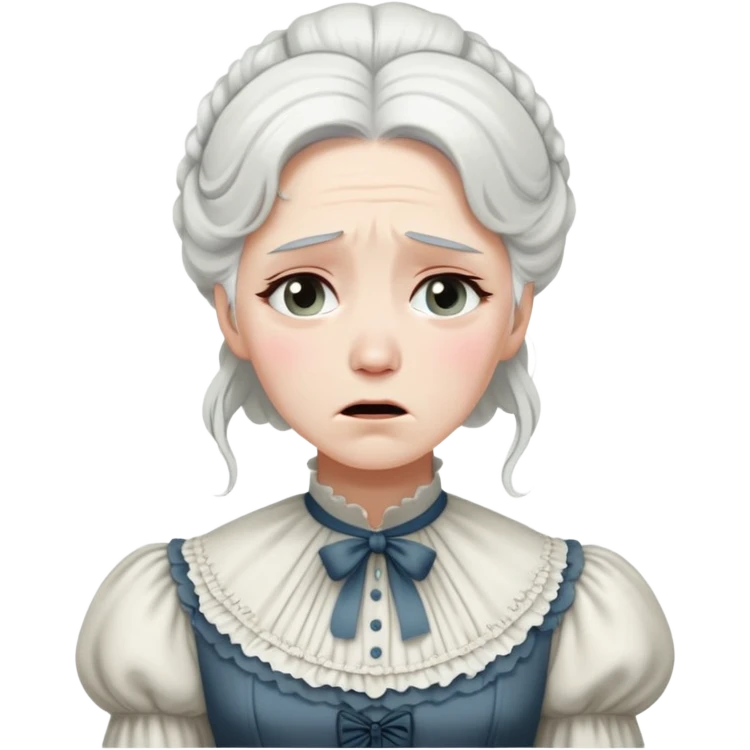 A Victorian woman with coiffed white hair wearing a modest dress sobbing with tears streaming down her face emoji