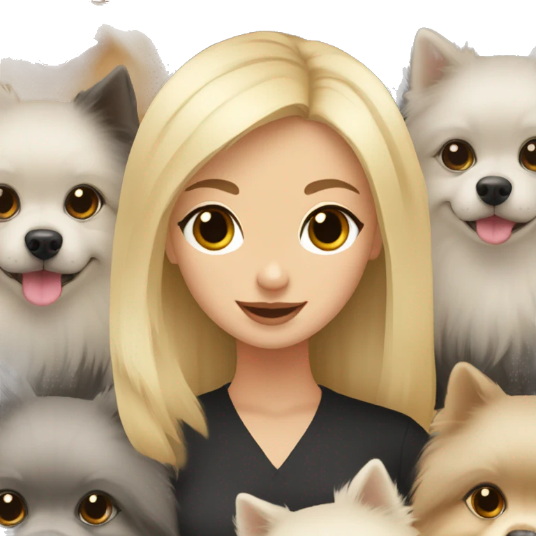 blond hair girl holding two pomeranians: a black pomeranian and grey pomeranian  emoji