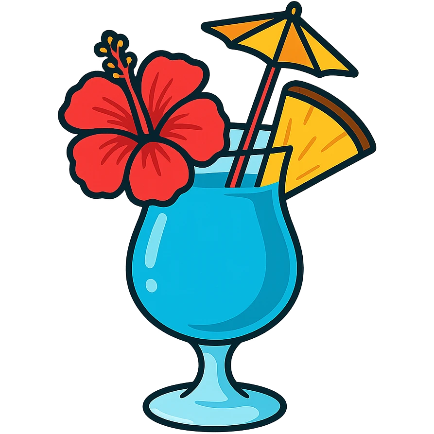 blue tropical cocktail with hibiscus, pineapple, and paper umbrella garnishes, vibrant flat toon style emoji