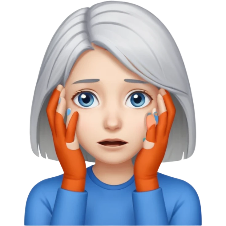 young woman with gray hair and blue eyes and 1 palm of hand covering face in exasperation emoji