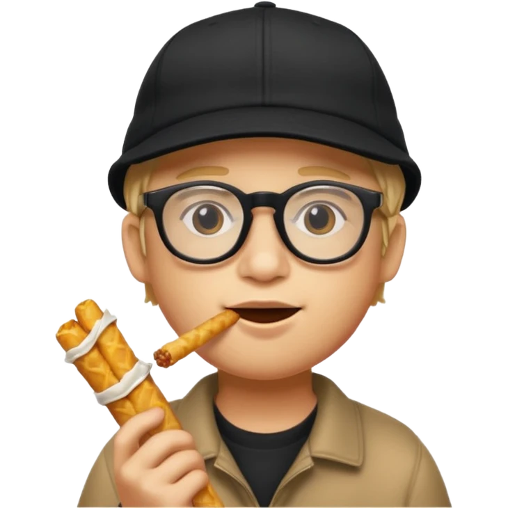 num num eatting hashbrown sticks with a plain black cap and glasses emoji