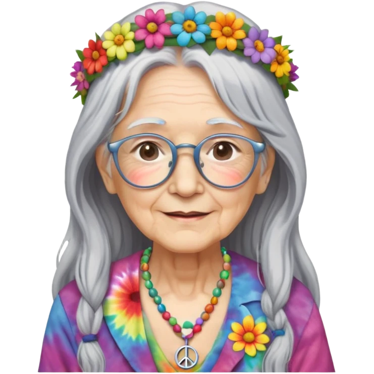 elderly woman with long grey hair, glasses, peace sign necklace, tie-dye clothing, flower crown emoji