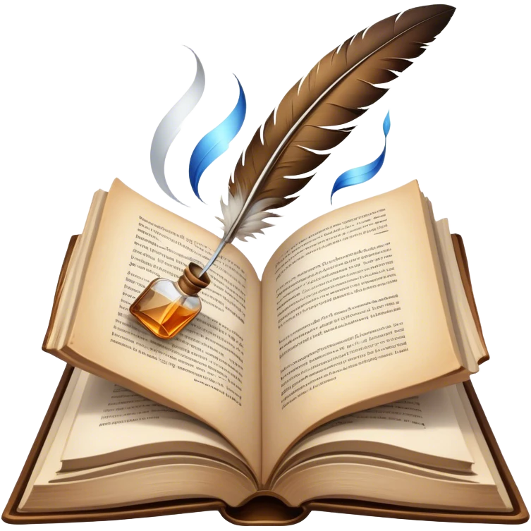 Icon for Reading Fiction: an open book with pages fluttering, surrounded by a quill, an ink bottle, and a cozy reading nook. The icon should represent the immersive world of literature and storytelling. Transparent background. emoji