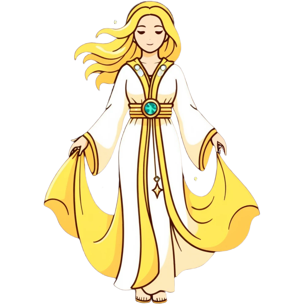fullbody universe goddess Sophia, Ethereal Light Being, Made of starlight and fractals, Glowing white/gold skin with flowing translucent robes, Hair like galaxy mist, Jewelry made of stars and crystals emoji
