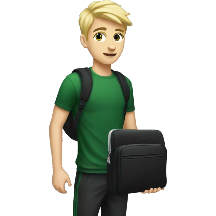 A tall blonde male teenager, 17 years old, holding a black laptop bag, wearing a dark green shirt and tracksuit pants emoji
