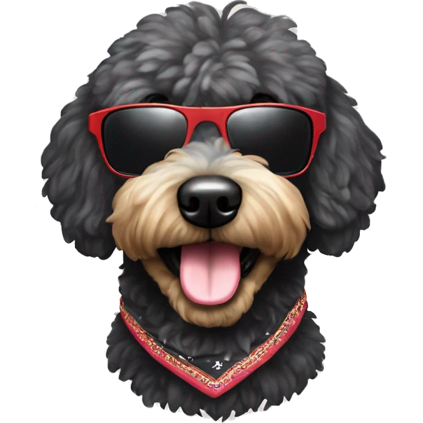 BLACK golden doodle wearing sunglasses with a big smile with human like teeth. Also with a bandanna around its neck that says mums favourite  emoji