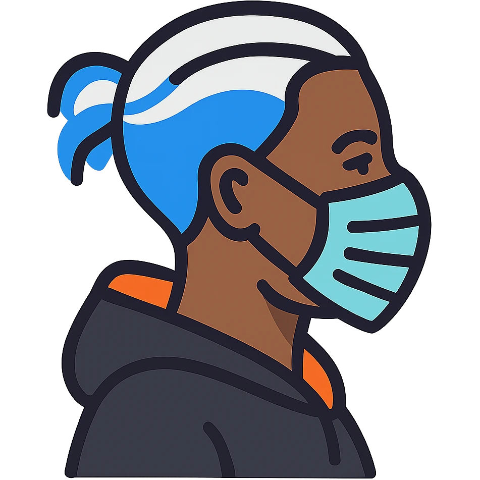 Adjust the hoodie to be black with only the inside and edge of the hood in orange. Keep the Black-skinned man with white and blue hair tied up at the back, blue at the ends and center, wearing a medical mask, right angle view, hairstyle as before. emoji