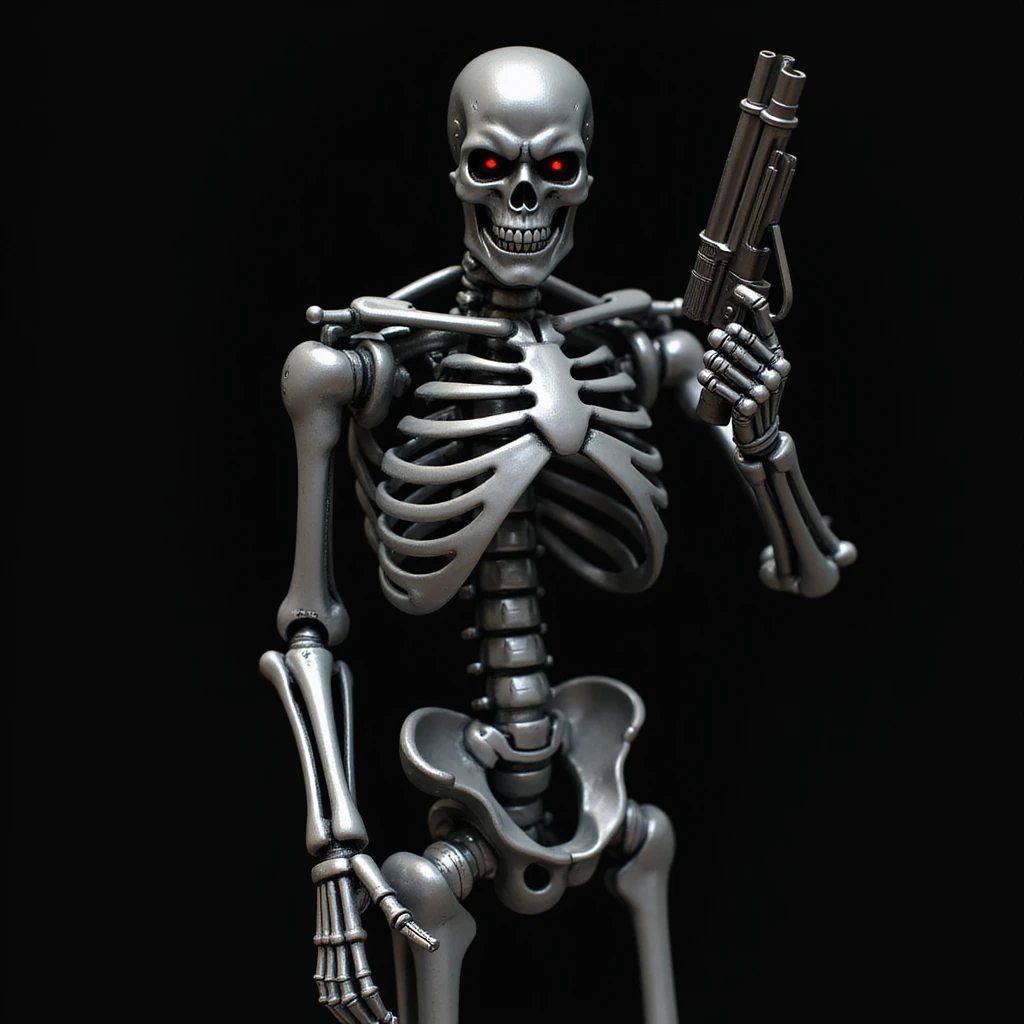 metallic skeleton holding futuristic weapon, dark background, realistic style, Terminator emoji