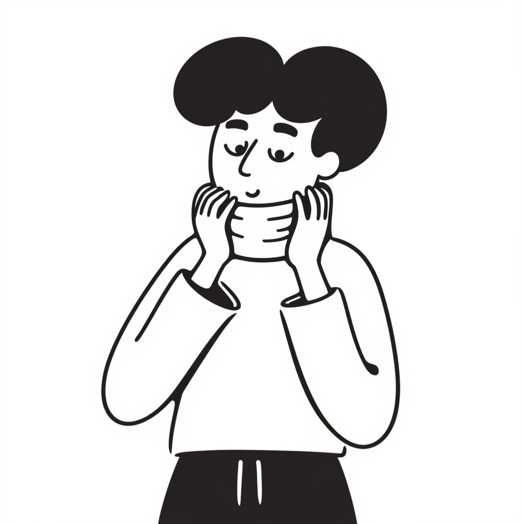 person with their own hands around their neck, self-choking, expressive lines, hand drawn doodle style emoji