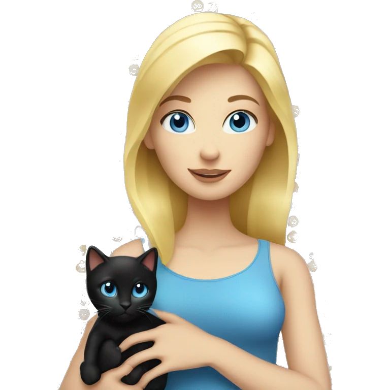 Blond woman with blue eyes and with black kitty in her hands emoji