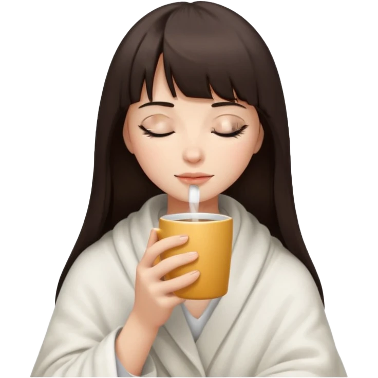 Dark brown hair with straight bang girl inside a white blanket sipping coffee eyes closed emoji