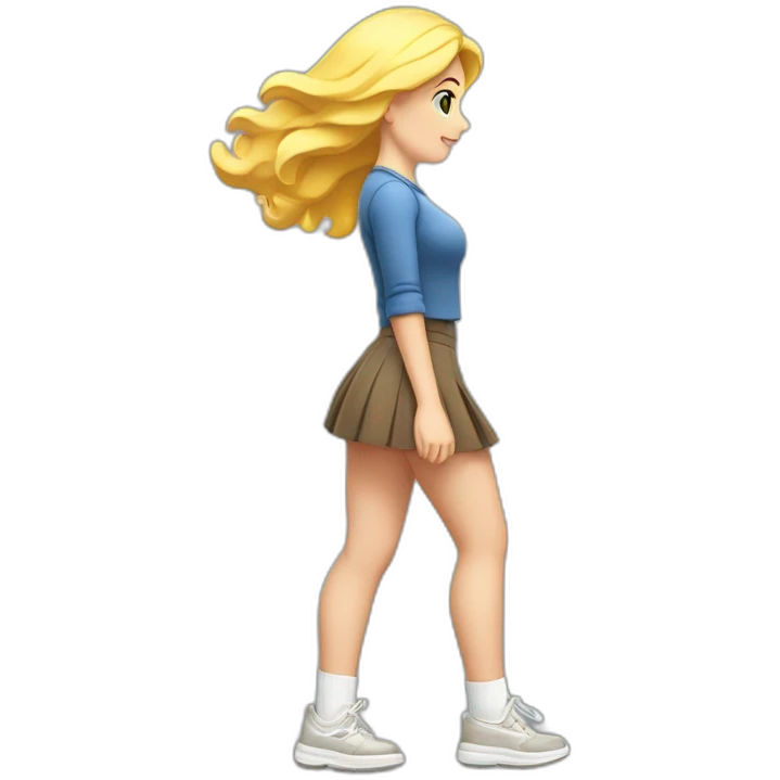 full body back view curvy caucasian beauty in small skirt lifted by the wind butt white socks emoji