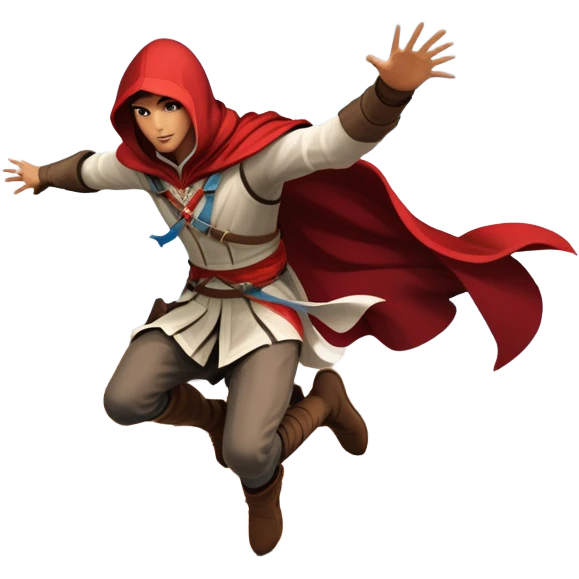 An icon featuring a hero performing a leap of faith from a tower in Florence, inspired by adventure games like Assassin's Creed. The design captures the dramatic moment mid-air, with detailed architecture and a bustling city below. Transparent background emoji
