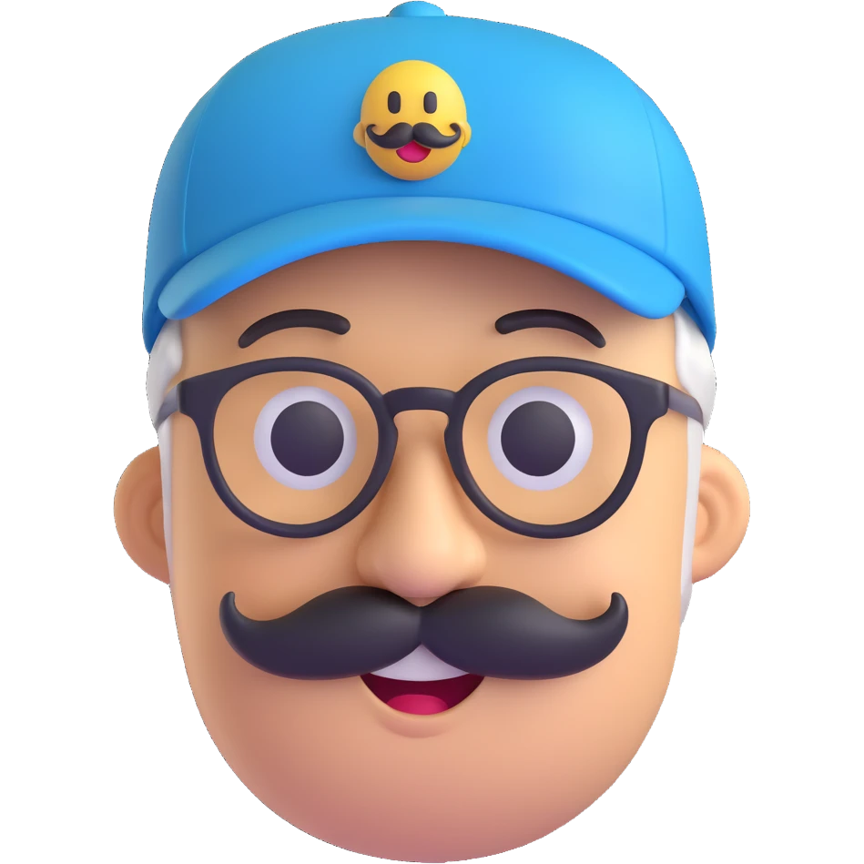 3D smiley emoji, round shape, grandfather with mustache, glasses, blue cap, blue color, smiling face emoji