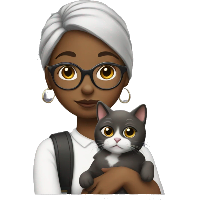 Black girl wears glasses holding a cat on her shoulder  emoji