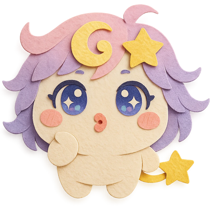 Stella Puff (星星噗噗) in super cute, soft, and adorable paper craft style, front view, blowing a kiss, big sparkling blue-violet eyes, pastel pink-purple gradient hair with a yellow star swirl, creamy white round body, coral pink blush, short arms and legs, golden star tail, clean lines emoji