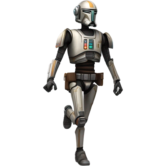 smiling bounty hunter protocol droid wearing backpack, saddlebags and light saber ready to fight running emoji