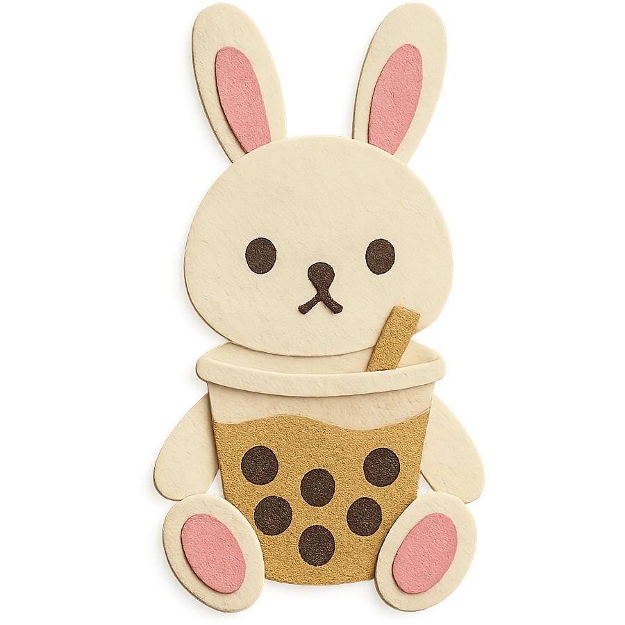 full-body milk tea bunny sitting still with blank stare, nose and mouth solid and clear emoji