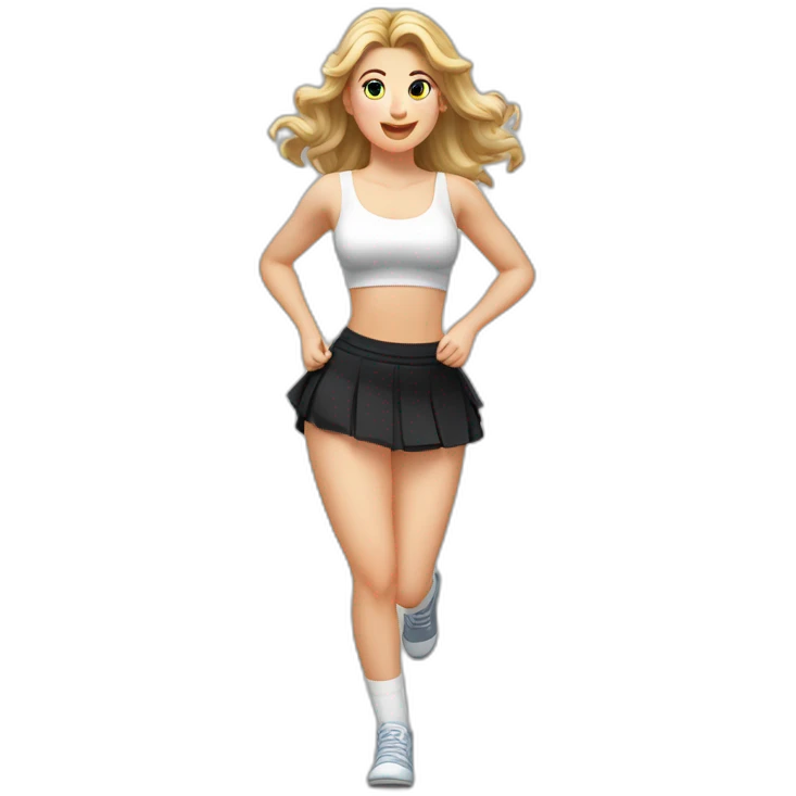 alistic-full-body-caucasian-curvy-beauty-jumping-short black-skirt-back-and-front-views-strong-wind-knickers-long-white-socks emoji