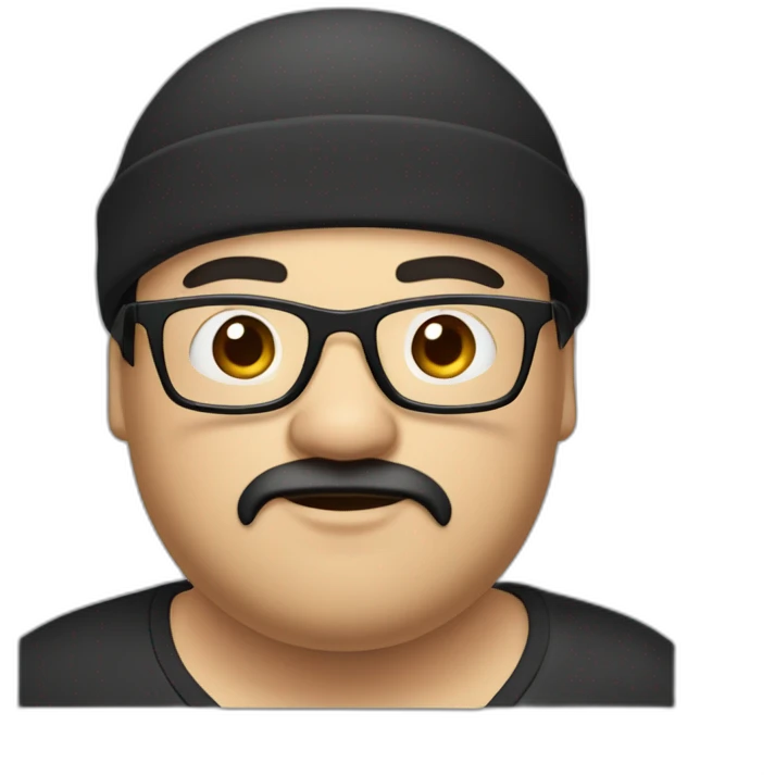 Overweight man with black hair wearing miniature skullcap on head, black scruffy beard and glasses. emoji