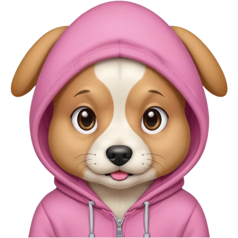 Dog with eyelashes wearing a pink hoodie emoji