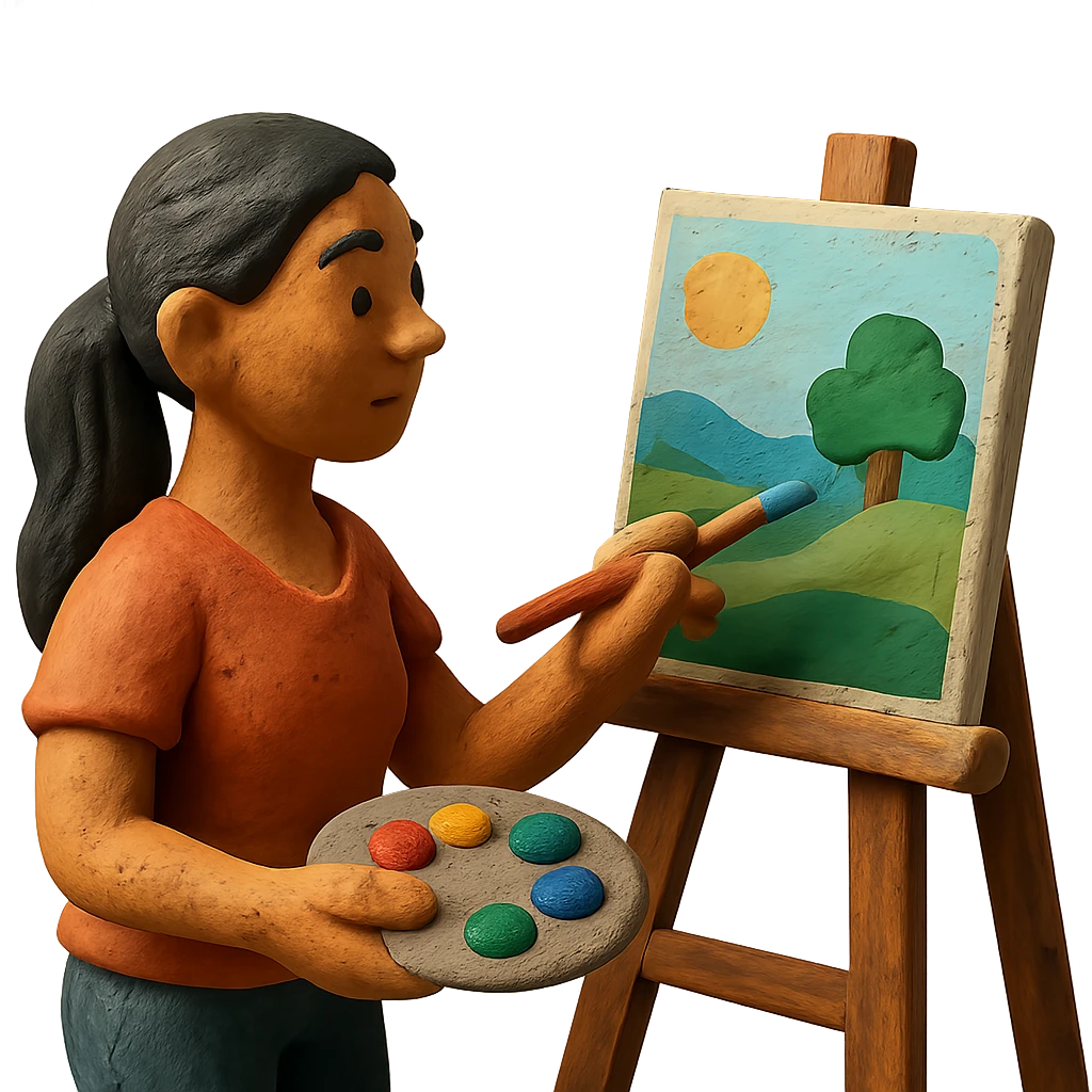 tanned woman artist with long black hair in a ponytail, painting a landscape at an easel, holding a paint palette and brush, claymation style emoji