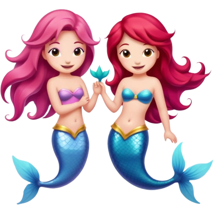 Cute iOS-style emoji of a pastel pink dolphin and a red-haired mermaid, smiling at each other. 
Simple vector emoji design, bold outlines, soft gradients, glossy look, centered, white background. emoji