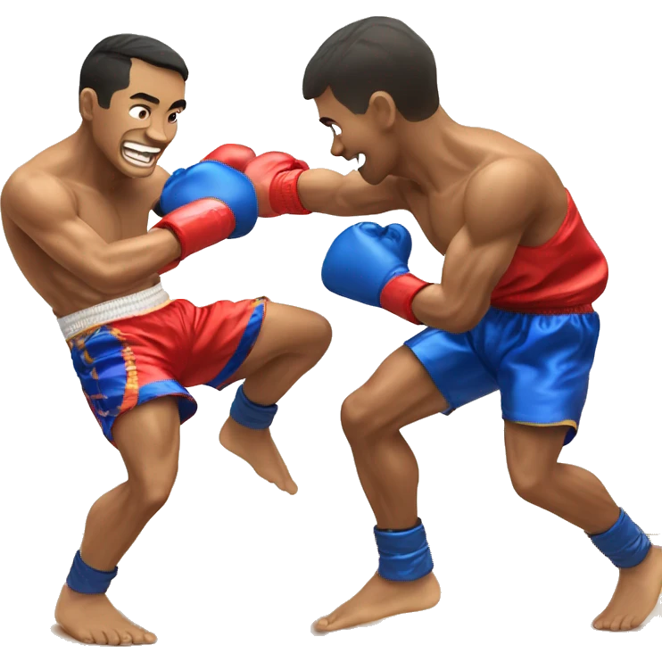 A Muay Thai Boxer wearing blue shorts knocking out his smiling opponent wearing red shorts emoji
