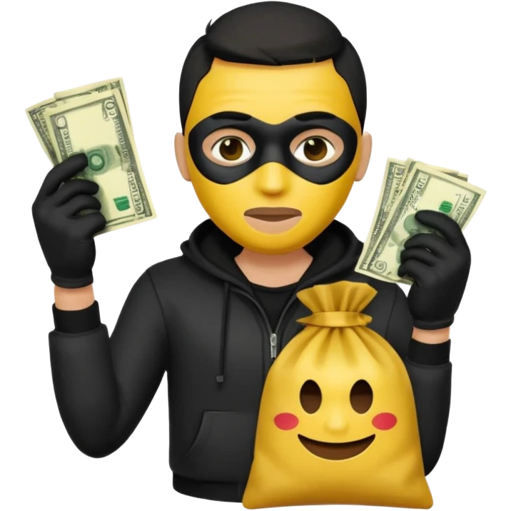 Ladrão com saco de dinheiro emoji efeito Mandela com pele amarelo com apenas a cabeça e os ombros aparecendo sem mãos com apenas a cabeça e os ombros aparecendo emoji