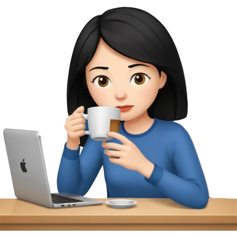 컴퓨터하면서 커피를 많이 마시고 있는 피곤해보이는 검은머리 여자 emoji