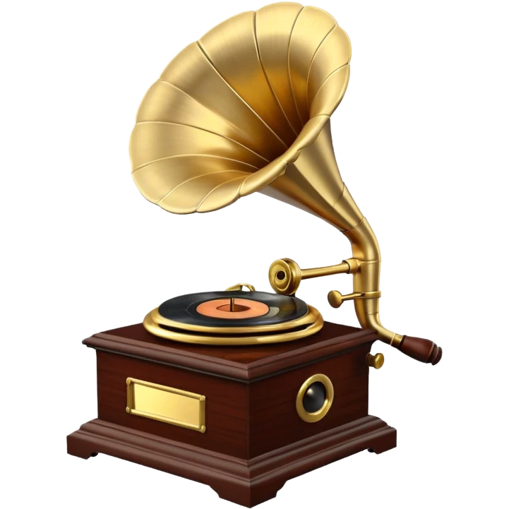 3D render of Gramophone, vintage 1980s audio equipment aesthetic, tactile analog buttons, polished brass gold horn with a dark mahogany wood base, mixed wood grain and brushed aluminum textures, Apple emoji style, isolated on white background --v 6.0 emoji