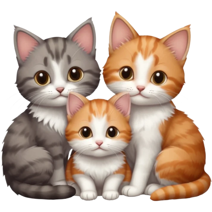 3 very small kittens cuddling together all different colours, the first one is grey and white, the second is ginger and white and the third is brown tabby and white emoji