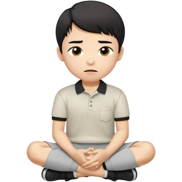 A cartoon young Asian boy with short black hair, light beige skin, and large expressive eyes, wearing a white polo shirt, gray pants, and black shoes. He sits cross-legged on the ground, one fist resting on his cheek, with a closed-mouth smirk. Clean lines, flat colors, solid black background. emoji