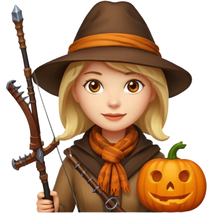 female human monster hunter emoji, wearing brown coat and hat, holding crossbow, soft smile, scarf, glowing pumpkin by her side, Halloween fantasy style, clean vector Apple emoji look, bright colors, white background, square emoji