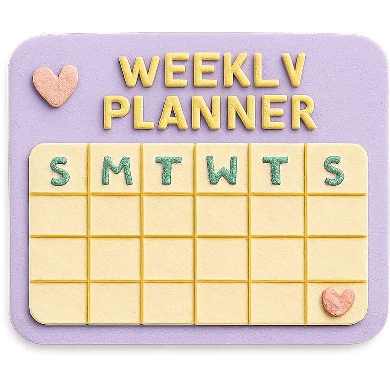 soft pastel kawaii weekly planner box with tiny heart icons, pastel purple background emoji