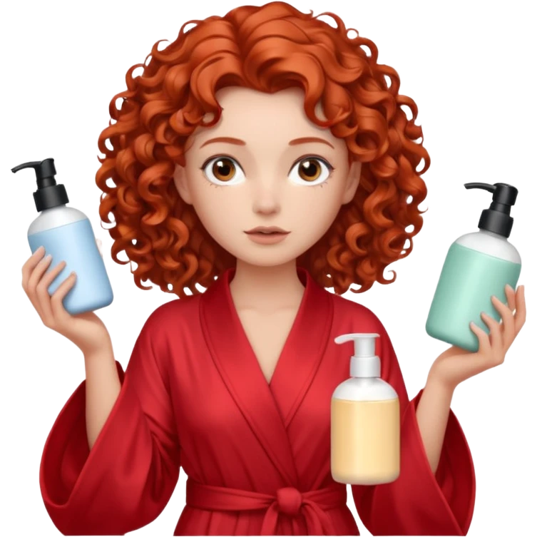 Cartoon emoji of a girl with voluminous curly red hair, fair skin, warm brown eyes. Wearing a chic milky silk robe with long sleeves, no makeup. Portrait mode, holding 3 moisterizers or different skin care products, looking super doubtful twisted and unsure. Smooth, simple, stylized." emoji