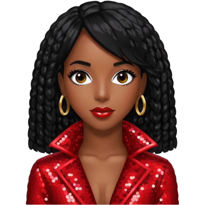 Kelly Rowland with black hair, red sequin outfit emoji