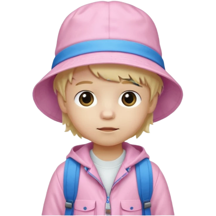 A little boy student white skin, blonde hair, with pink bucket hat, white jacket, blue backpack emoji