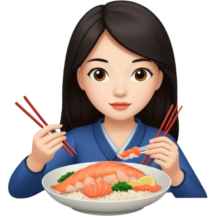 chica joven con piel clara y pelo oscuro largo comiendo un plato de arroz con salmón  emoji